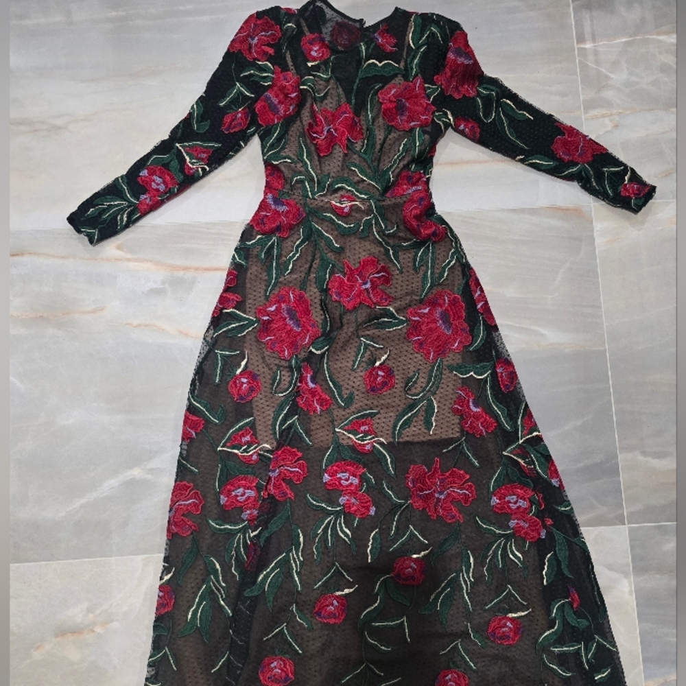 Dress the Population Floral Long Sleeve Dress - Red and Green